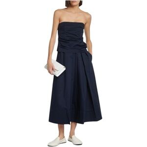 CO Strapless Cotton + Silk Midi Dress | Corset Bustier A-Line Skirt Navy Blue M